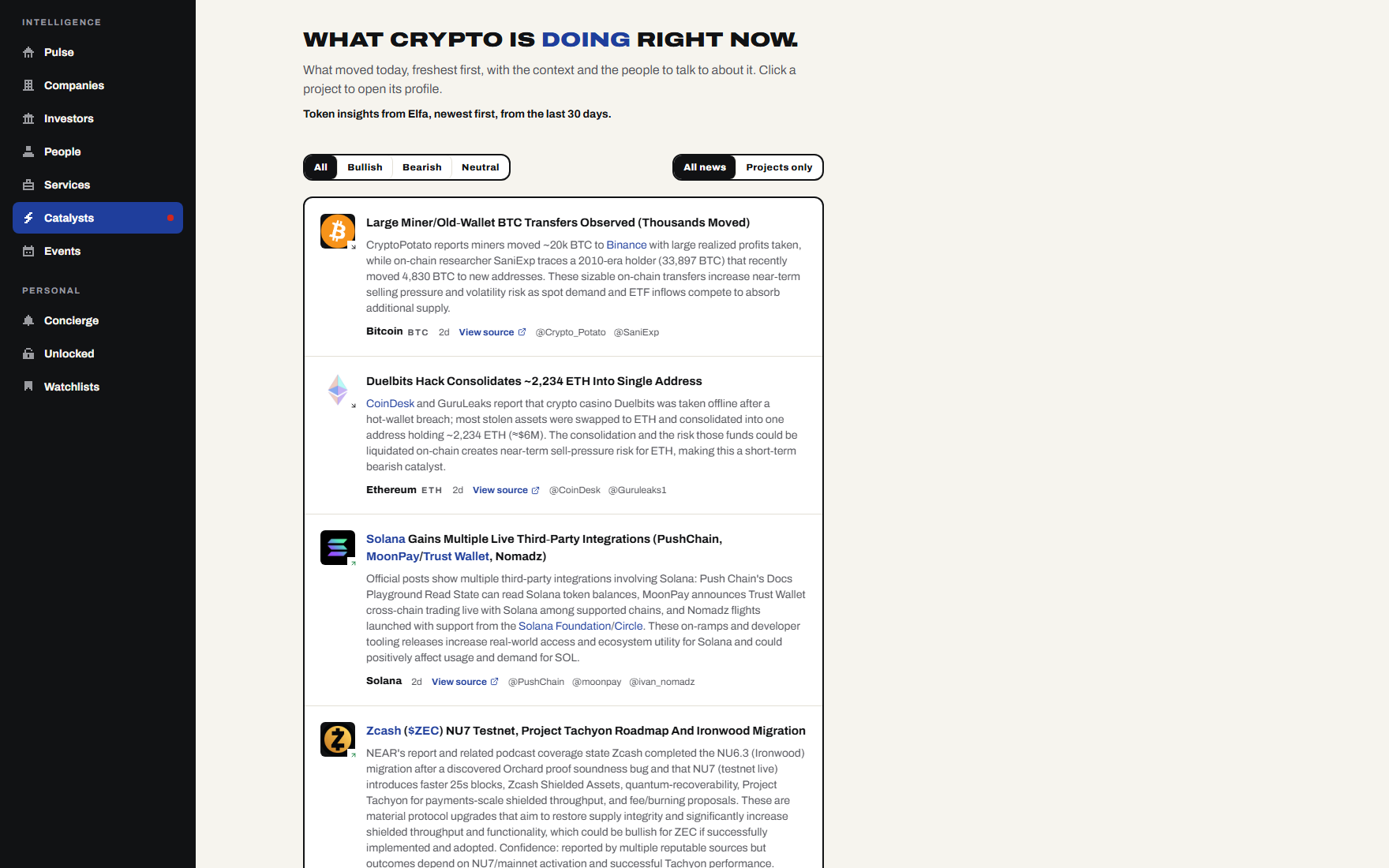 The Catalysts feed showing recent token insights, each linked to its project